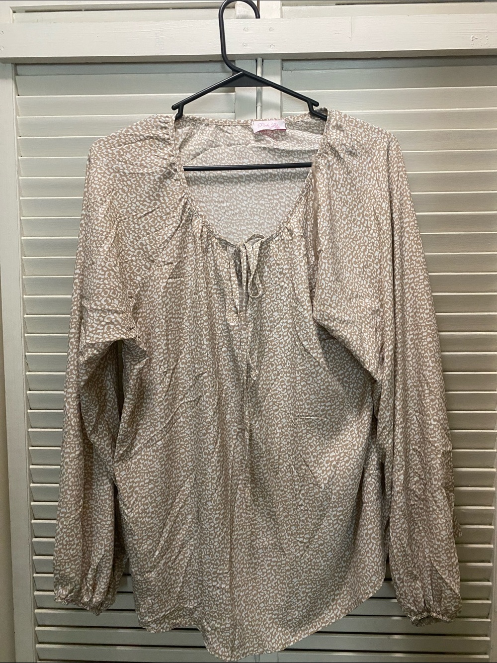 Pink Lily Beige Printed Peasant Blouse with Tie Neck